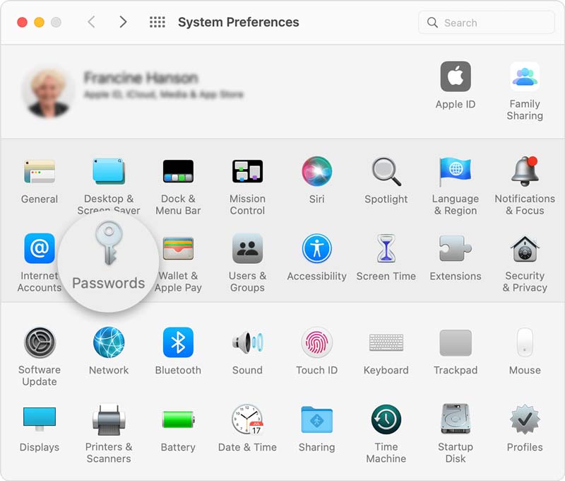 Preferencje systemowe Mac Hasła