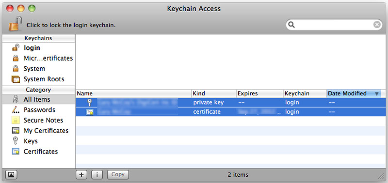Выберите сертификаты доступа к связке ключей Mac