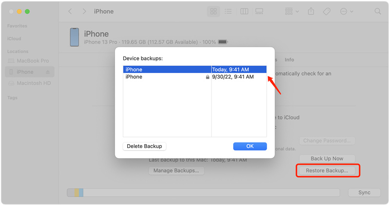 Extrahujte zálohu iPhone na Mac pomocí Finderu