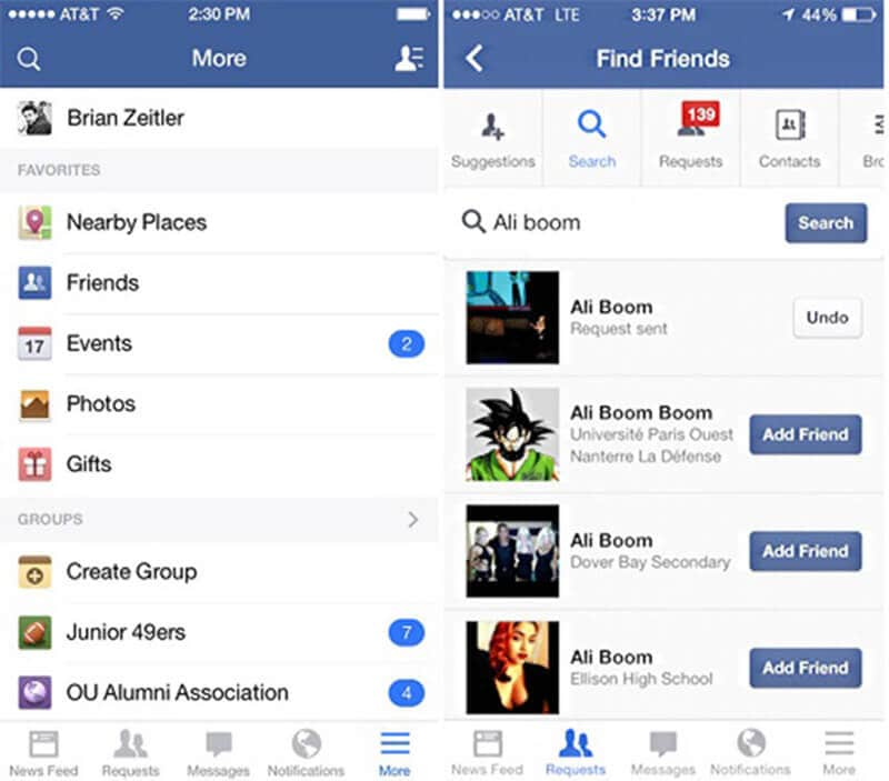 Cerca le persone nell'app Facebook