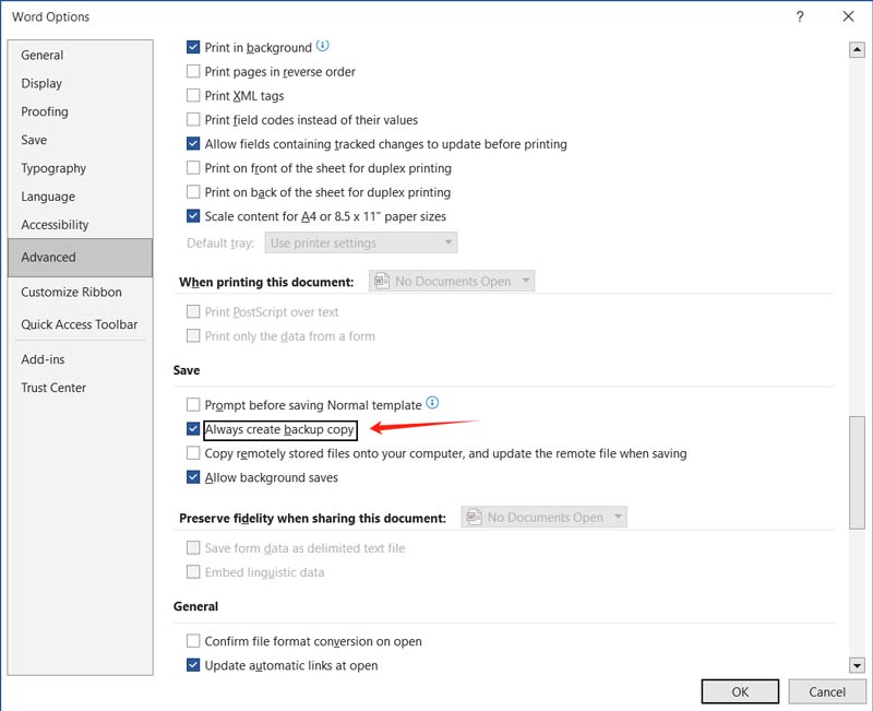 Enable Always Create Backup Copy in Word