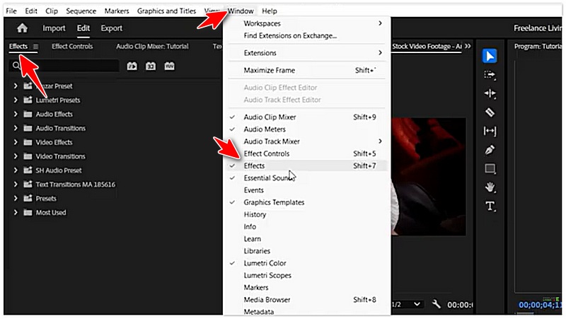 Kliknij Efekty w programie Adobe