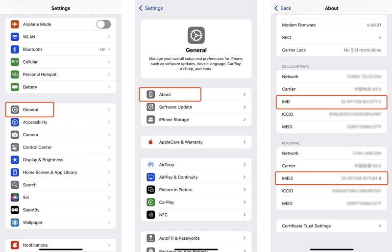 Check iPhone IMEI in Settings
