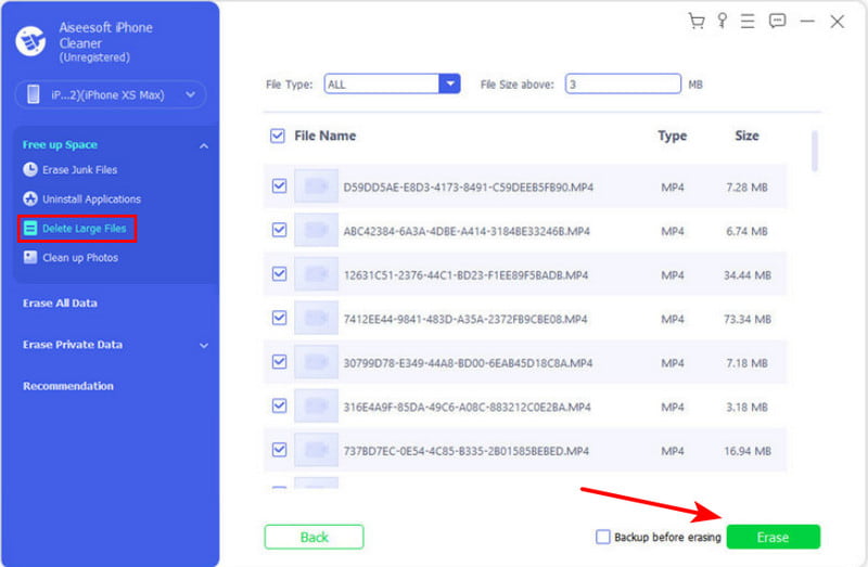 Aiseesoft iPhone Temizleyici Büyük Dosyaları Sil