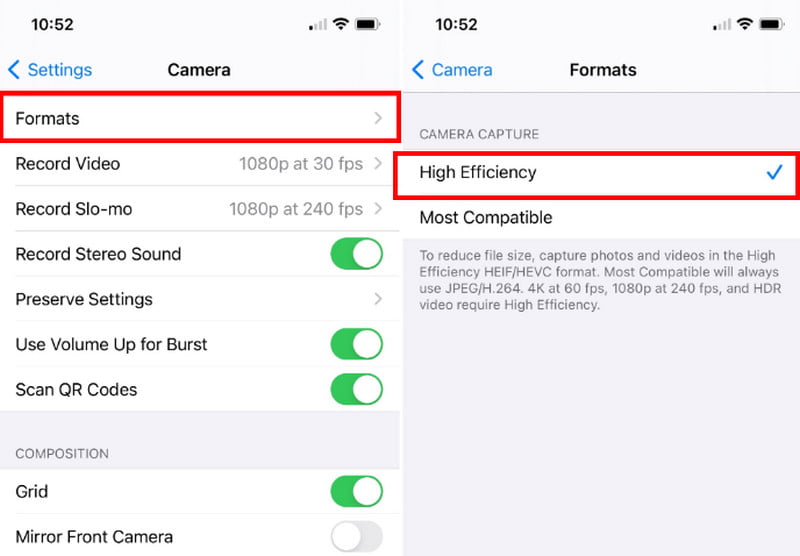 iPhone-innstillinger Kamera høy effektivitet