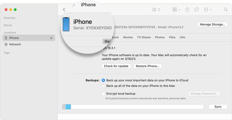 如果從 Finder 鎖定，獲取 iPhone 上的 IMEI 號碼