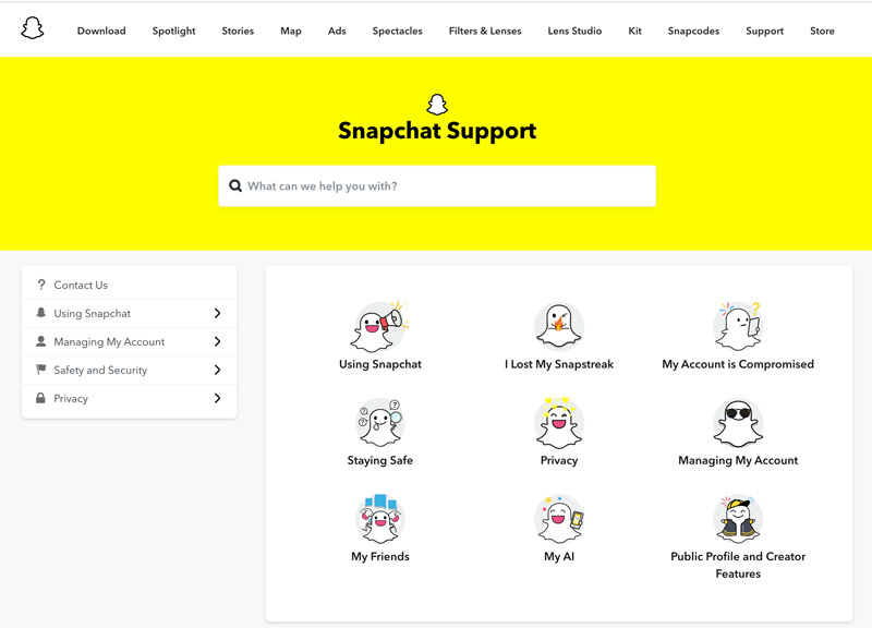 Web'den Snapchat Destek ile iletişime geçin