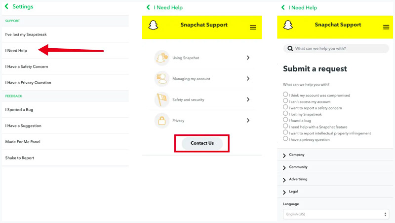 Skontaktuj się z pomocą techniczną Snapchata w aplikacji