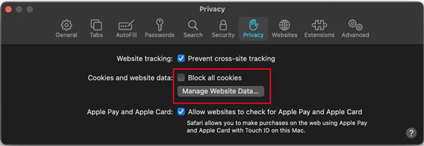 Mac Safari Prywatność Zarządzaj danymi witryn