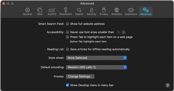 Mostra il menu Sviluppo nella barra dei menu Safari