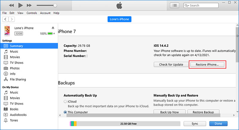 Press Shift Restore iPhone in iTunes