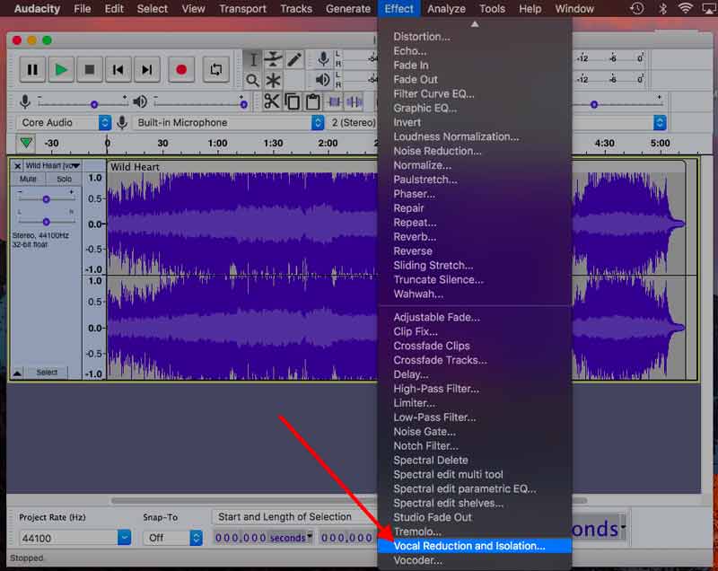 Scegli Riduzione vocale e Isolamento in Audacity