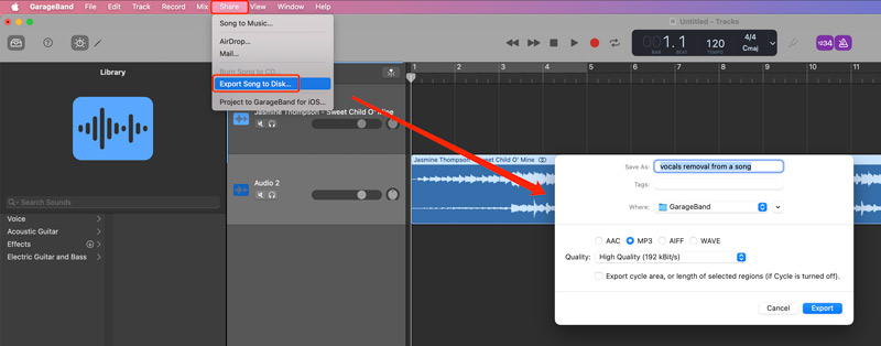 GarageBand Export skladby na disk