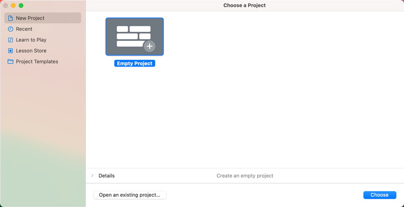 Откройте GarageBand на Mac. Создайте новый проект.
