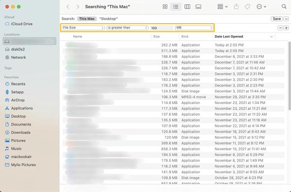 Etsi suuria tiedostoja Mac