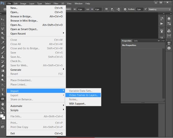 Importa video in Photoshop