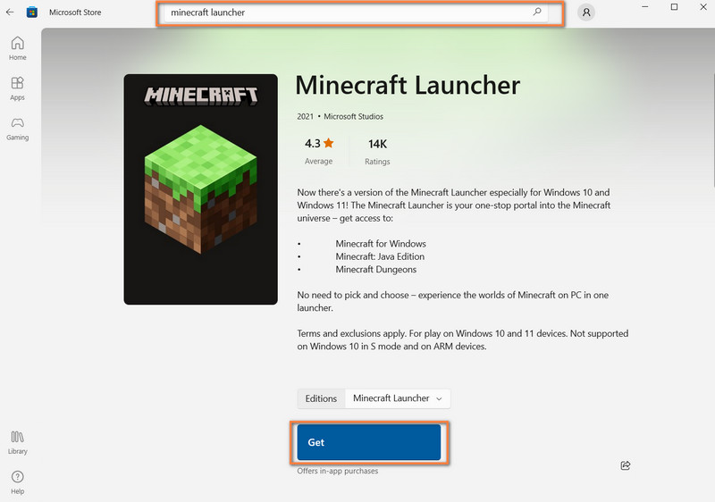 Avvio di Minecraft per Microsoft Store