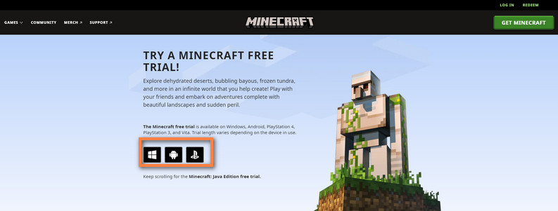 Minecraftin ilmainen kokeilu Bedrock