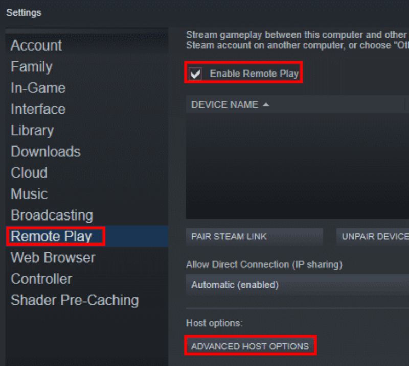 Włącz Remote Play Steam