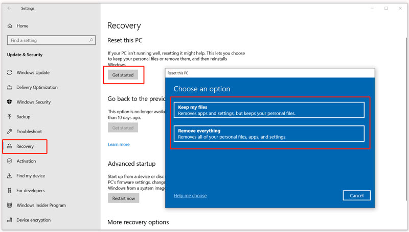 將筆記型電腦重新啟動至 Windows 10 出廠設置