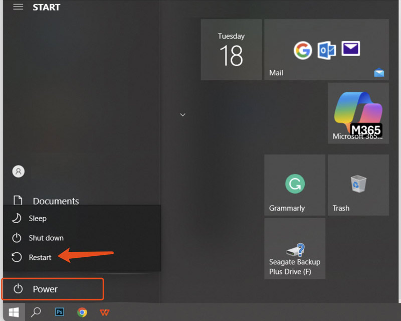 重新啟動筆記型電腦 Windows 10 開始功能表