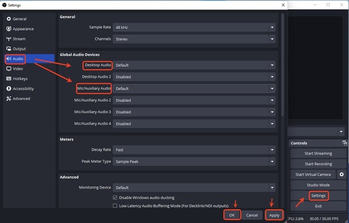 OBS Change Audio Settings