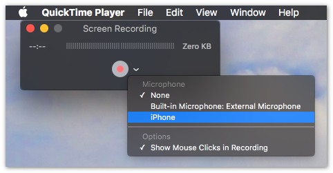 При записи видео с помощью QuickTime выберите свой iPhone.