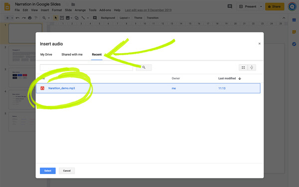 Select Audio File for Google Slides