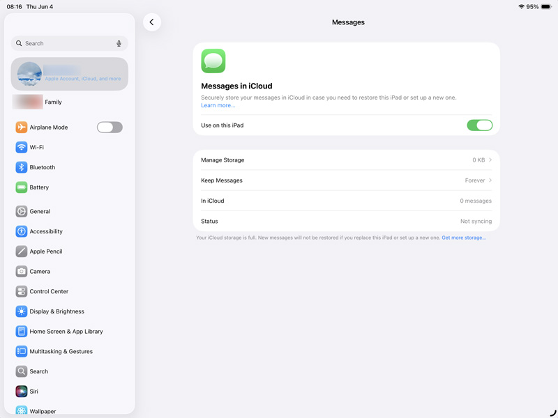 iPad Messages in iCloud Enabled