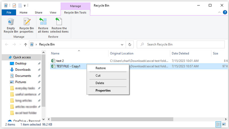 Restore Deleted Excel File From Recycle Bin