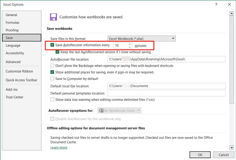 Set Excel Save Autorecover