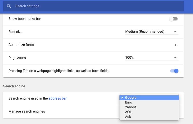 Search engines used in the address bar