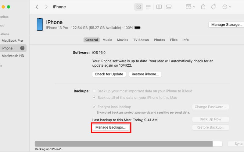Click Manage Backup