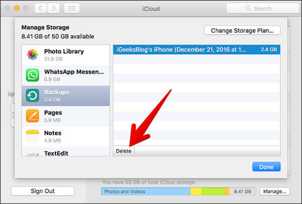 Delete backup from icloud