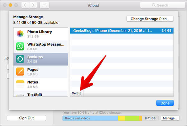 Elimina il backup da icloud