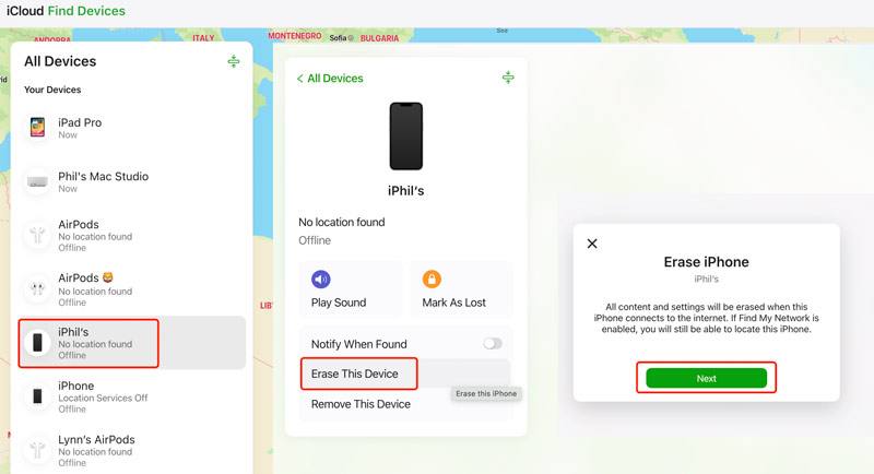 Slett iPhone for å fjerne passord ved hjelp av iCloud