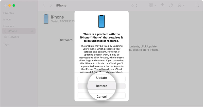 Удалить пароль из iPhone Finder Restore