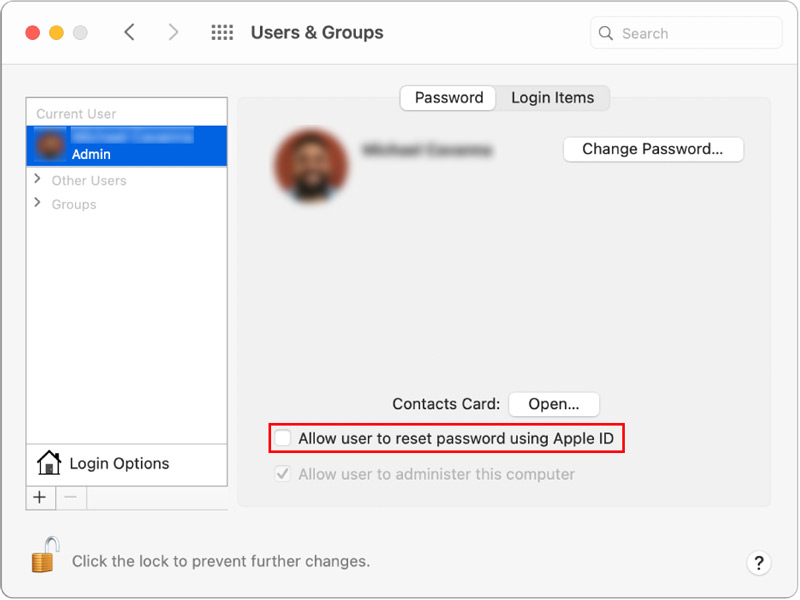 Разрешить пользователю сбросить пароль Mac с помощью Apple