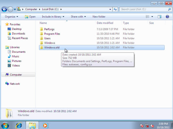 Restore a file from windows old folder