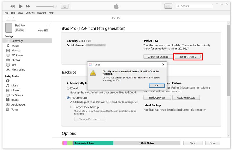 Restore iPad to Factory Settings Turn Off Find My