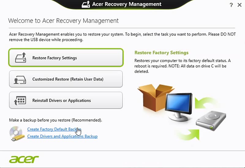 Restore To Factory Settings Acer Recovery Management