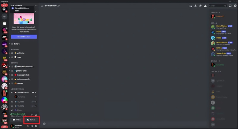 Discord képernyőmegosztás gomb