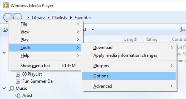Opzioni di Windows Media Player