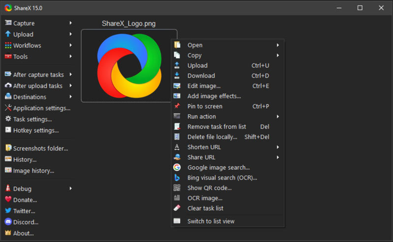 ShareX σε στιγμιότυπο οθόνης στα Windows
