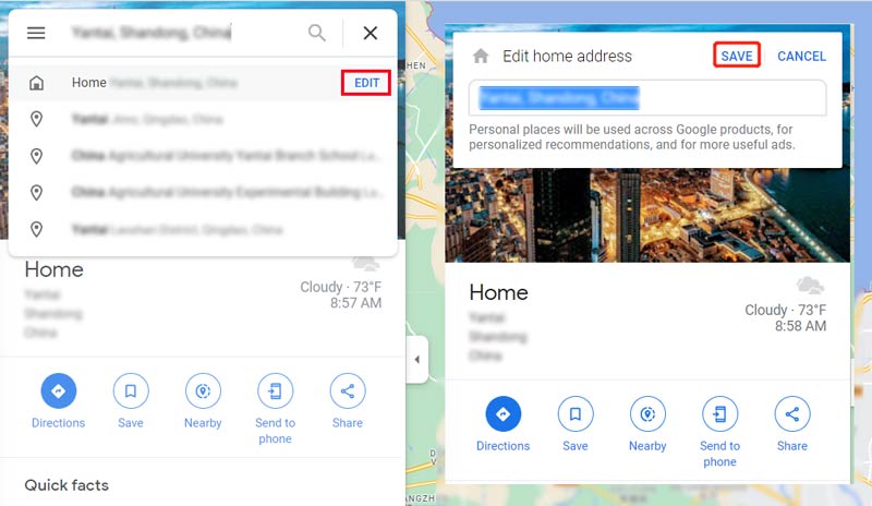 Bytt hjem i Google Maps på datamaskinen