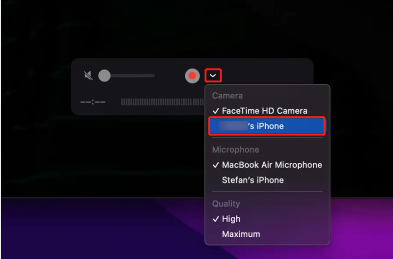 Näytön jakaminen iPhonesta Maciin QuickTimen avulla