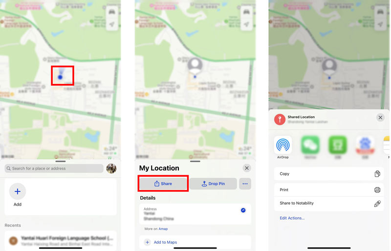 Odeslání polohy na iPhone pomocí aplikace Mapy