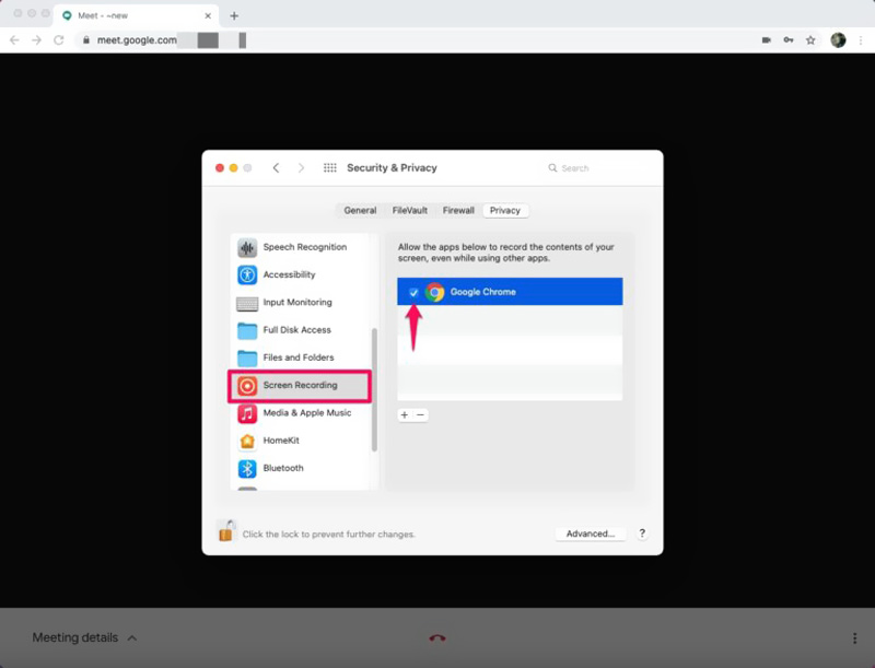 Включить демонстрацию экрана в Google Meet на Mac