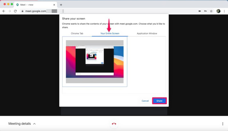 Share Screen on Google Meet Dialog