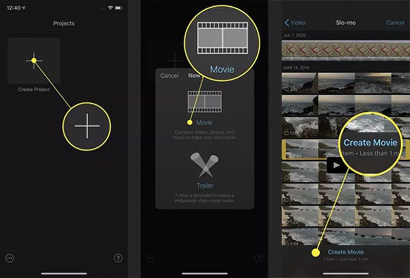 Crea un nuovo progetto iMovie iPhone